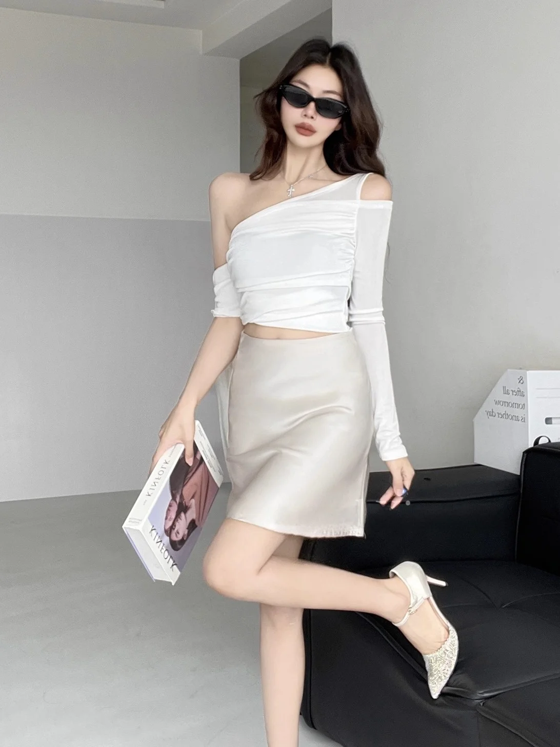 

Современная атласная юбка, женская весна-лето, облегающая плиссированная юбка на бедрах Ele Sle Ci Commute Busin Par