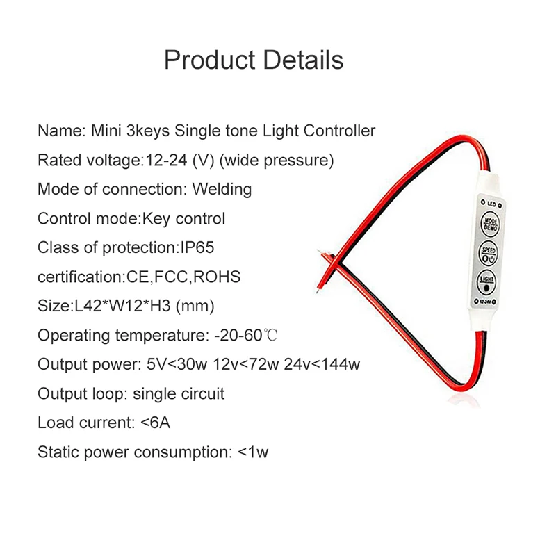 YOUCENT DC12V-24V  Mini 3keys Led Controller Dimmer Driver to Control Single Color Led Strip Light SMD 2835 3528 5050 5630 3014