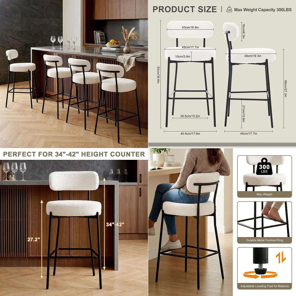 

Stools Set of 4, 27 Boucle Counter Height Bar Stools with Back, Modern Upholstered Counter Stools for Kitchen Island, Bar, Cafe