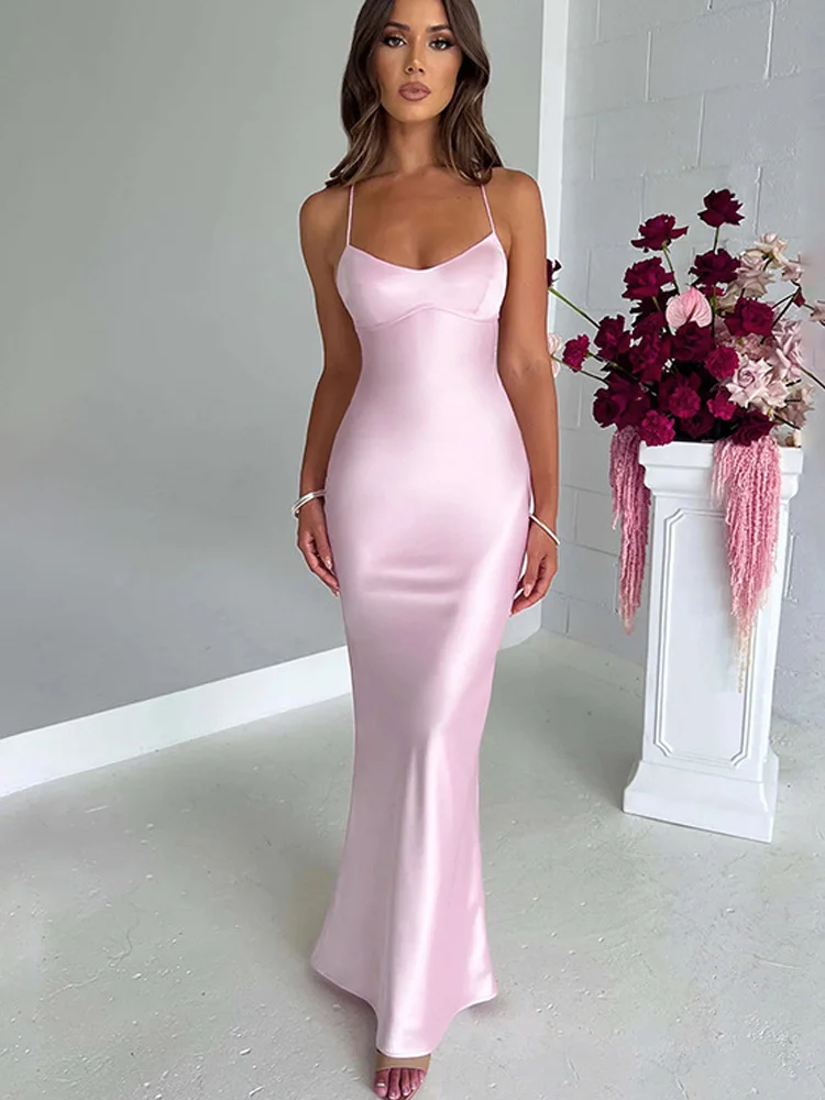 Mode Sexy Backless Lace-up Maxi Avondjurken Y2k Satijnen Jurken 2026 Nieuwe vrouwen Slim Fit U-hals Party Strap jurk