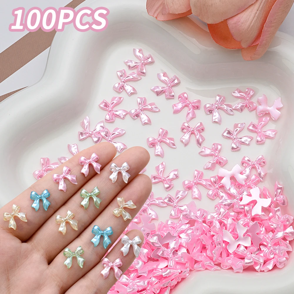 Candy Pearl Pink Ribbon Bow Nail Accessories Luxury Silk Satin Texture Pearl White Bownot Nail Charms Elegant Wedding Nail Decor
