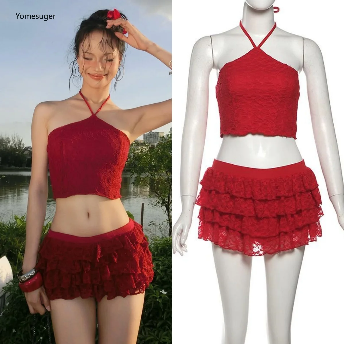 

Yomesugar кружевные лоскутные комплекты из 2 предметов, женские сексуальные жилеты с открытой спиной и мини-юбка, одинаковая пляжная вечеринка, клубная одежда