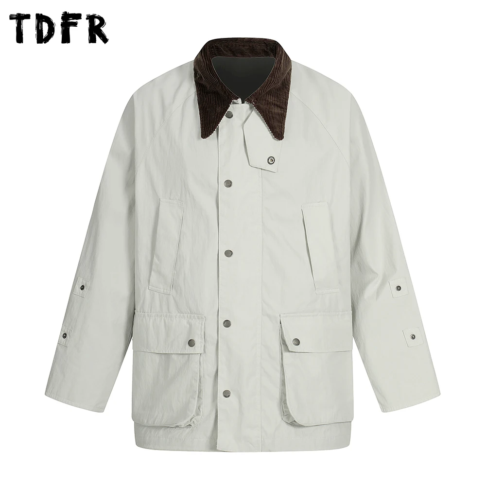 

Spliced Cargo Jacket Mens Multi-Pocket Solid Color Autumn Winter Loose Long Sleeve Single Breasted Lapel Long Outerwear Man