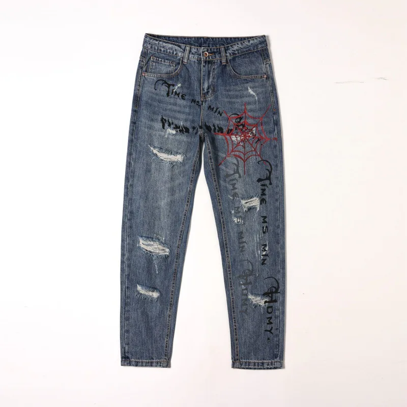 

Street ripped jeans men's fashion hip-hop fashion printing Y2K washed-out vintage loose denim pants