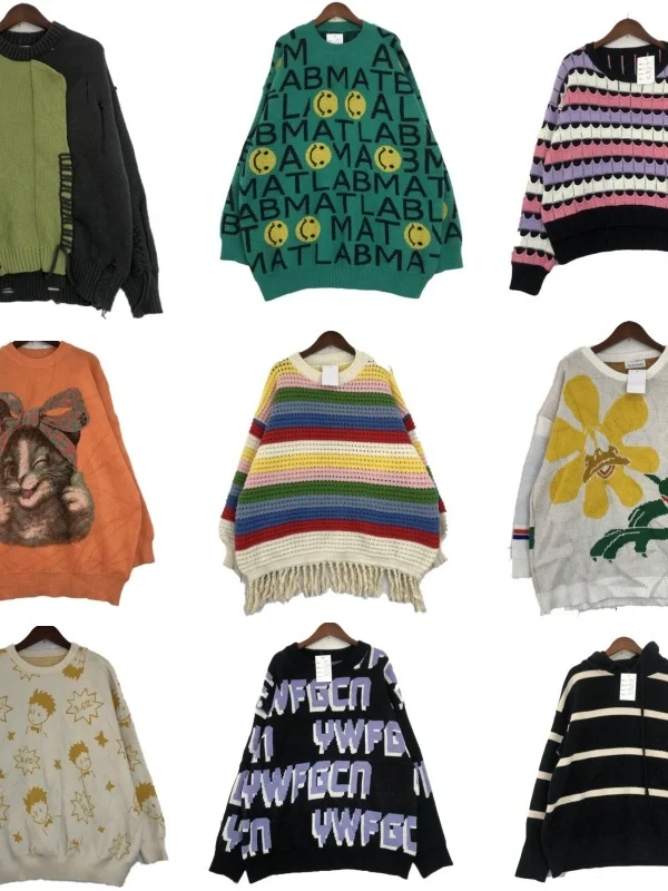 

Vintage ex Woolen Sweater Street Sle Patchwork Print round Ne Long Sve Warmth Winter Knitwear Cartoon Embroidery