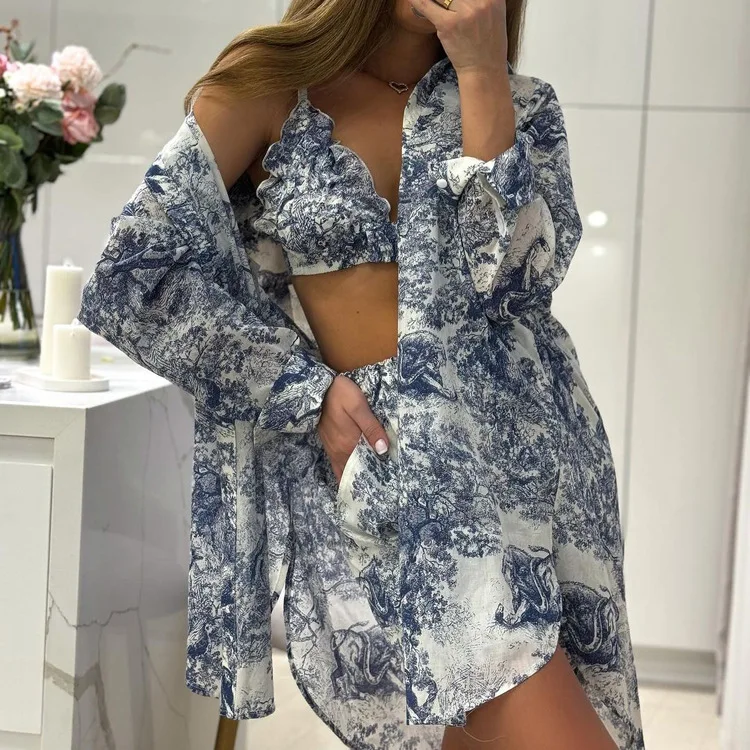 

Ink Printing Three-piece Set 2024 Summer Short Pant Suit Women Vintage Blue White Shirt Set for Lady Commuting Party Streetwear