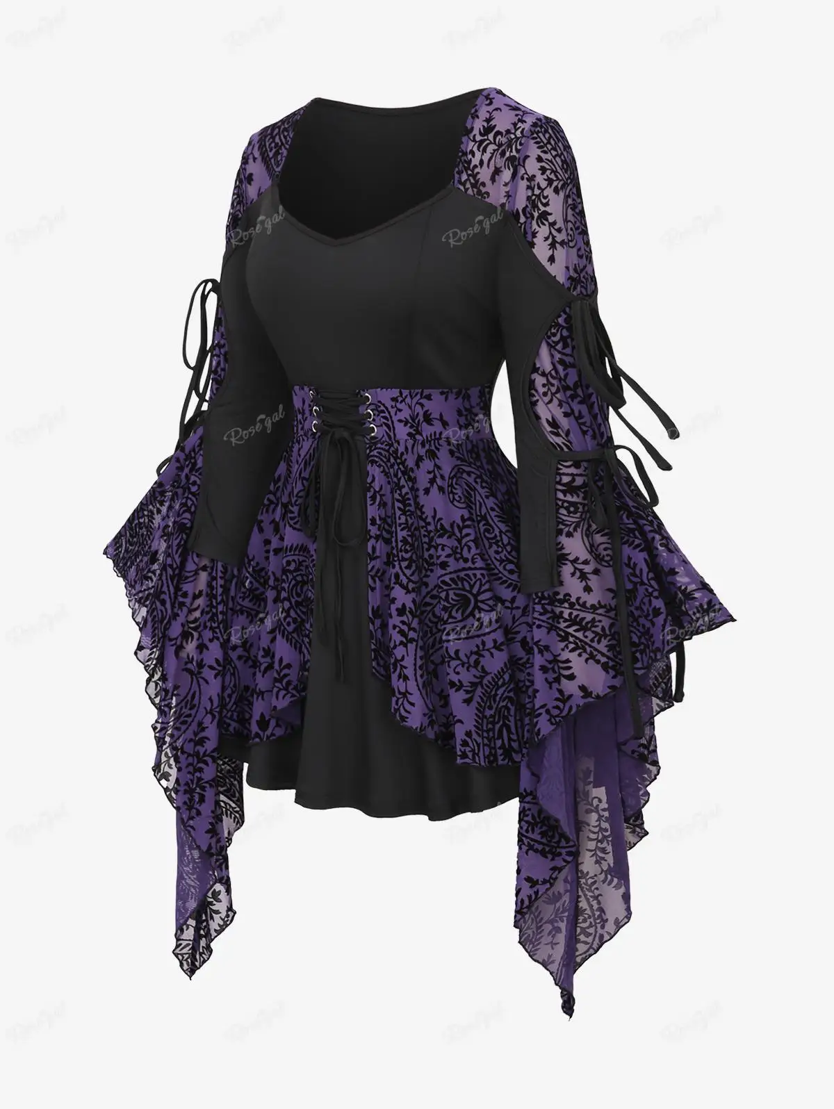 ROSEGAL Plus Size Gothic Floral Flocking Lace Up Ruched Patchwork Blouse Women Spring Fall Winter Square Neck Outdoor T-Shirts