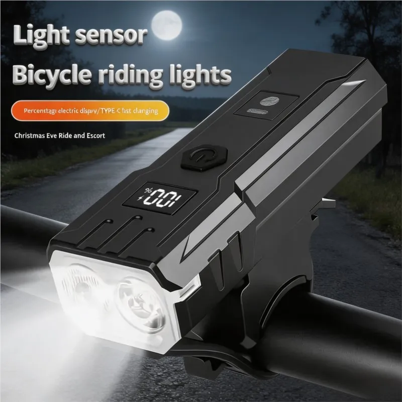 Smart Light Sensor Bike Front Light Type-C Rechargeable Dual LED Bicycle Headlight Digital Display Long Runtime Night Riding