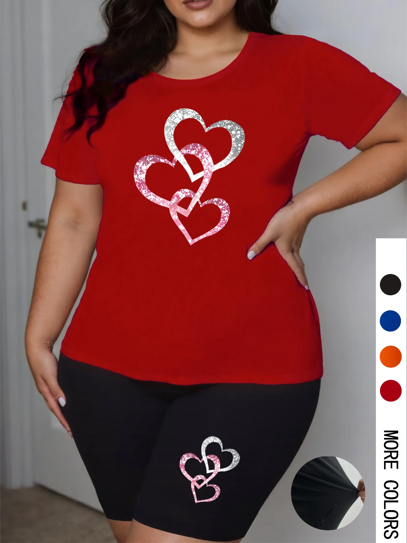 

Plus Size Women 2 Piece Shorts Set Short Sleeve T-shirt Elastic Summer Heart Cute Print Street Oversize Chic Two Piece Outfits