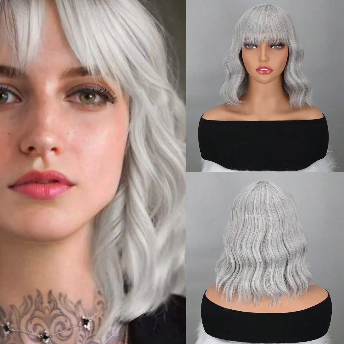 

Свободный волнистый парик Боб Волнистый серый парик Боб с воздушной челкой Парики из вьющихся волос Синтетические парики для косплея для женщин (серый)