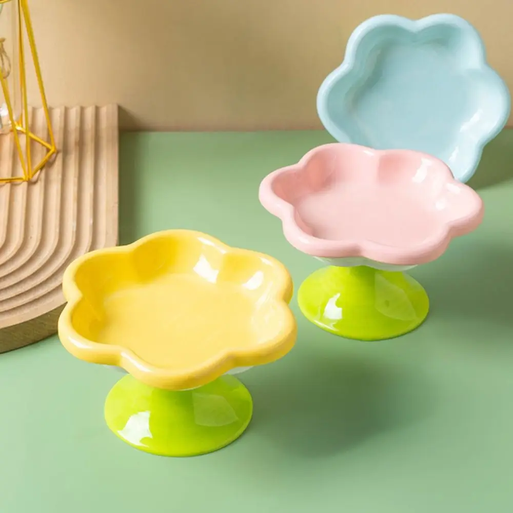 Ceramic Cat Bowl With Stand With Flower Design Pet High Foot Bowl Non-slip Creative Cats Drinking Feeder Water Plate