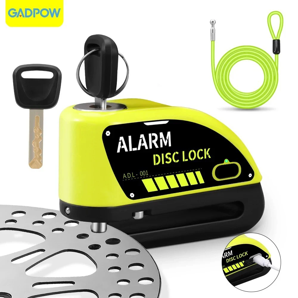 Gadpow Motorcycle Lock Rechargeable 120dB Alarm Disc Brake Locks Anti-Theft Security Wheel Disc Lock Waterproof with 1.8M Cable