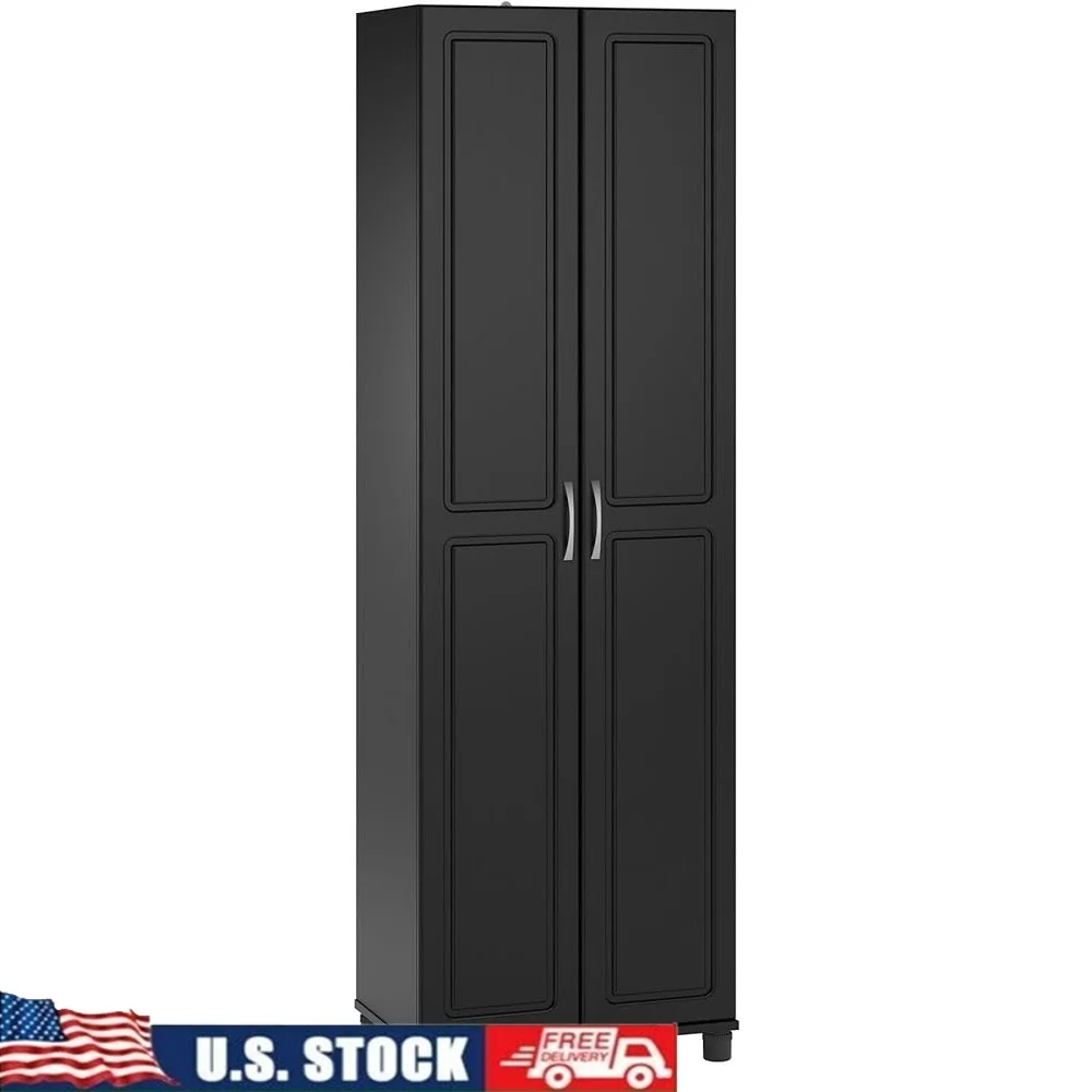 

Engineered Wood Utility Storage Cabinet with Adjustable Shelves Soft Closing Hinges Kitchen Cleaning Supplies Black