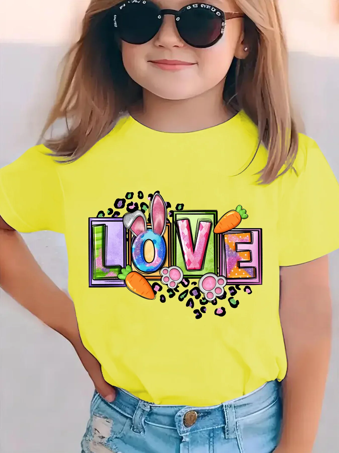 Easter LOVE Bunny Ear Carrot Leopard Graphic Kids T Shirt Short Sleeve Color Letter Print Girls Summer Holiday Tee Tops
