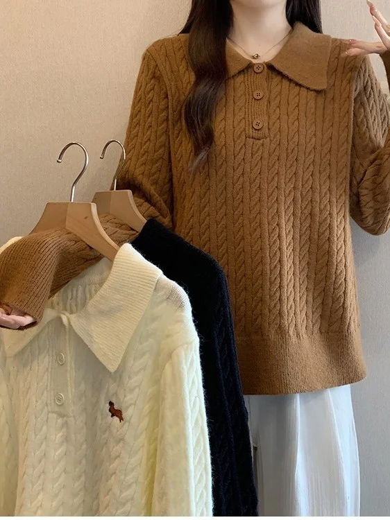 

Женский вязаный свитер больших размеров, повседневный, свободного кроя, осенне-зимний, универсальный, с узором «косичка» и принтом «собачья сосиска»