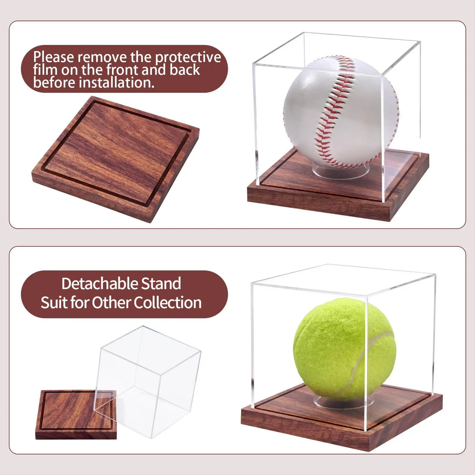 Baseball Display Case Game Ball Display Case Acrylic Clear Sports Souvenirs Organizer with Wooden Base for Tennis Golf Softball