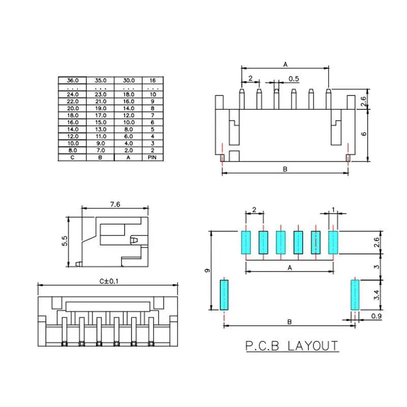 10 Stück PH2.0 Horizontaler SMD-Sockel, Rastermaß 2 mm, Pin-Header-Stecker 2/3/4/5/6/8/9/10P – Detail 1