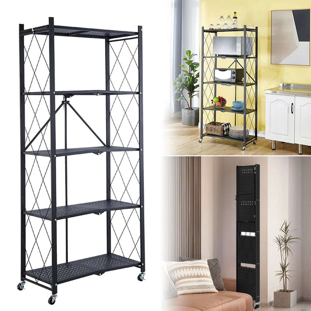 5-Shelf Folding Kitchen Storage Rack Installation-Free Outdoor Flower Stand Shelves Metal Bookshelf With Wheels Trolley Bookcase