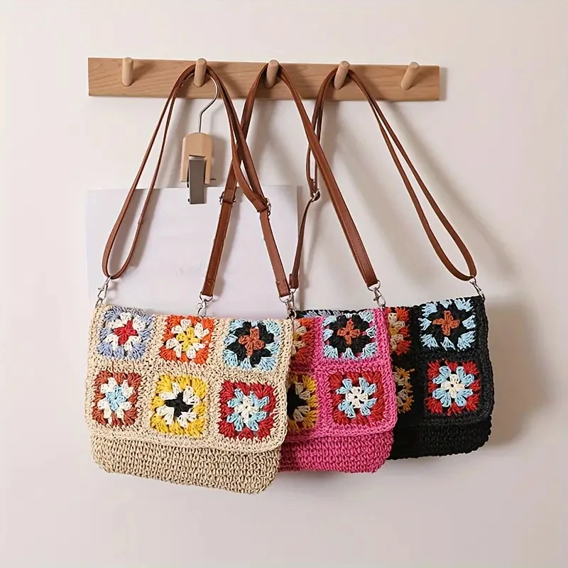 bohemian granny square straw shoulder bag for women handmade weave crossbody bags casual summer beach big flap vacation purses