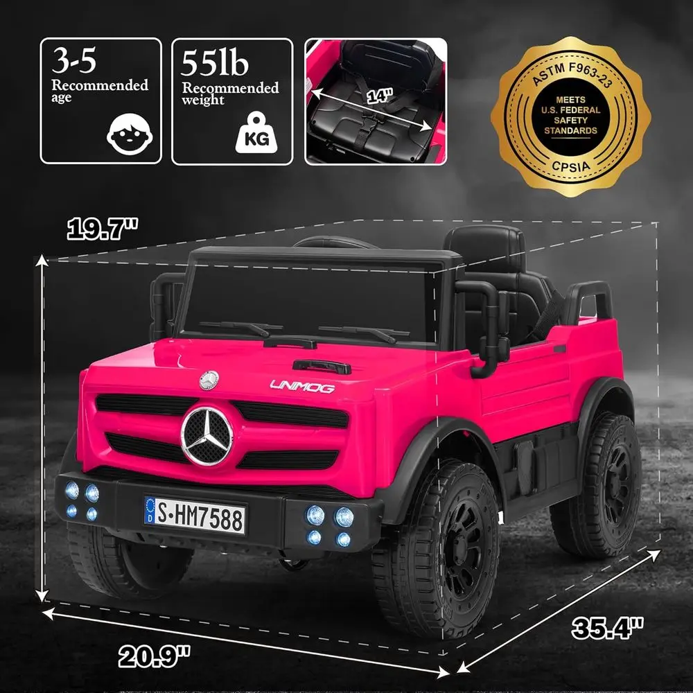 Carro de passeio de 12V com controle remoto para pais, carro Mercedes-Benz UNIMOG licenciado para crianças, luzes LED, música e buzina, partida suave, Lo