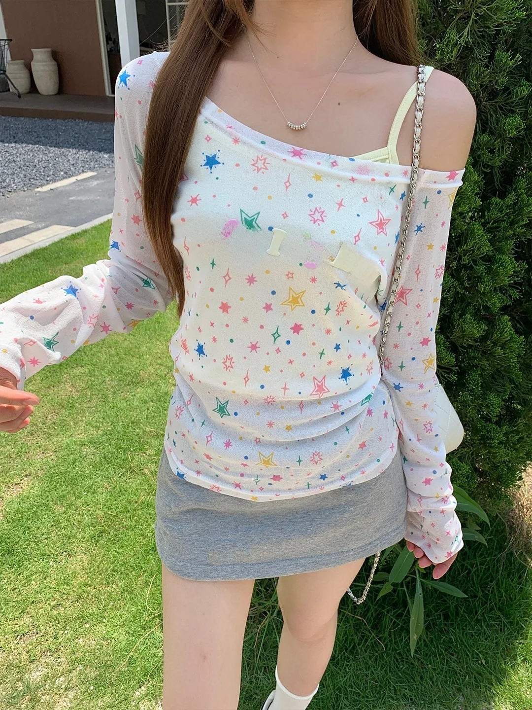 Summer New Style Thin Breathable Shoulder Exposure Sun Protection Shirt Women's Star Print Side Collar Sexy Girl Style Two Pi...