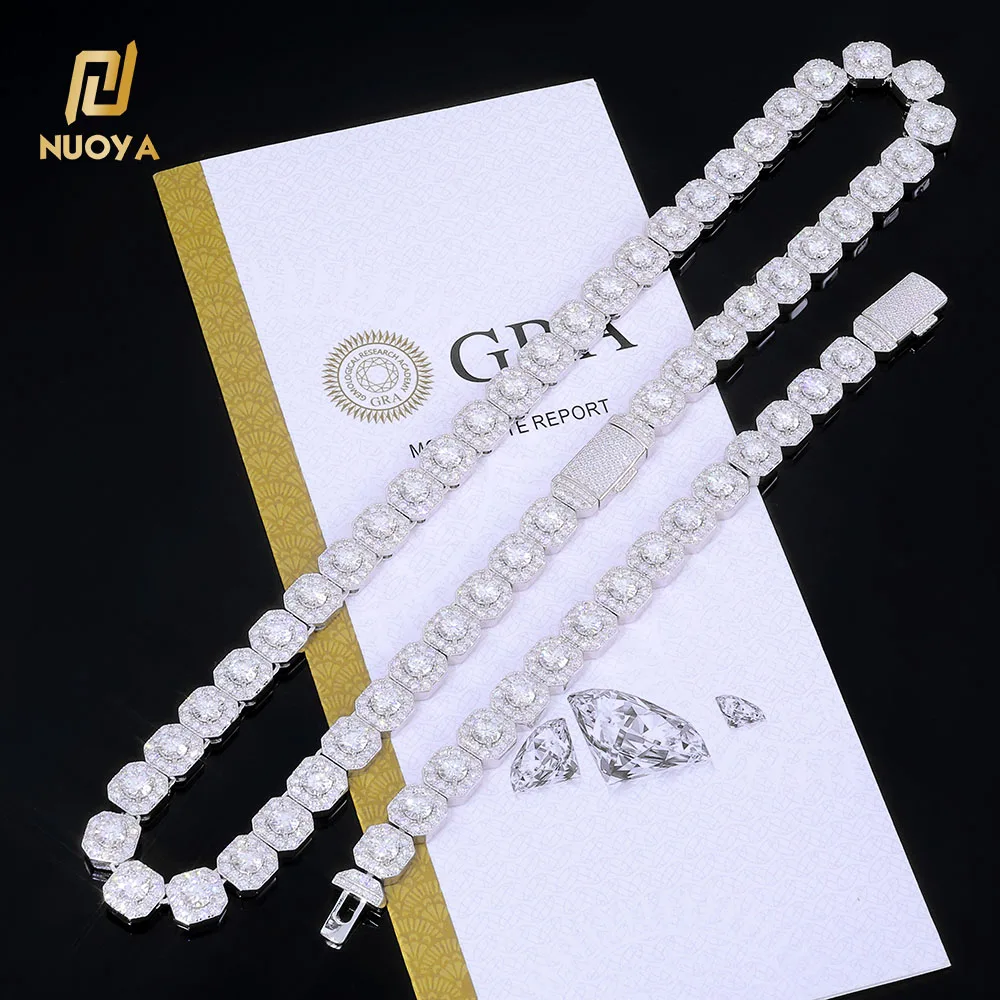 10mm NUOYA 12mm Iced Out VVS Moissanite Tennis Chain 925 Sterling Silver Clustered Tennis Chain Hip Hop Necklace for Men Women.