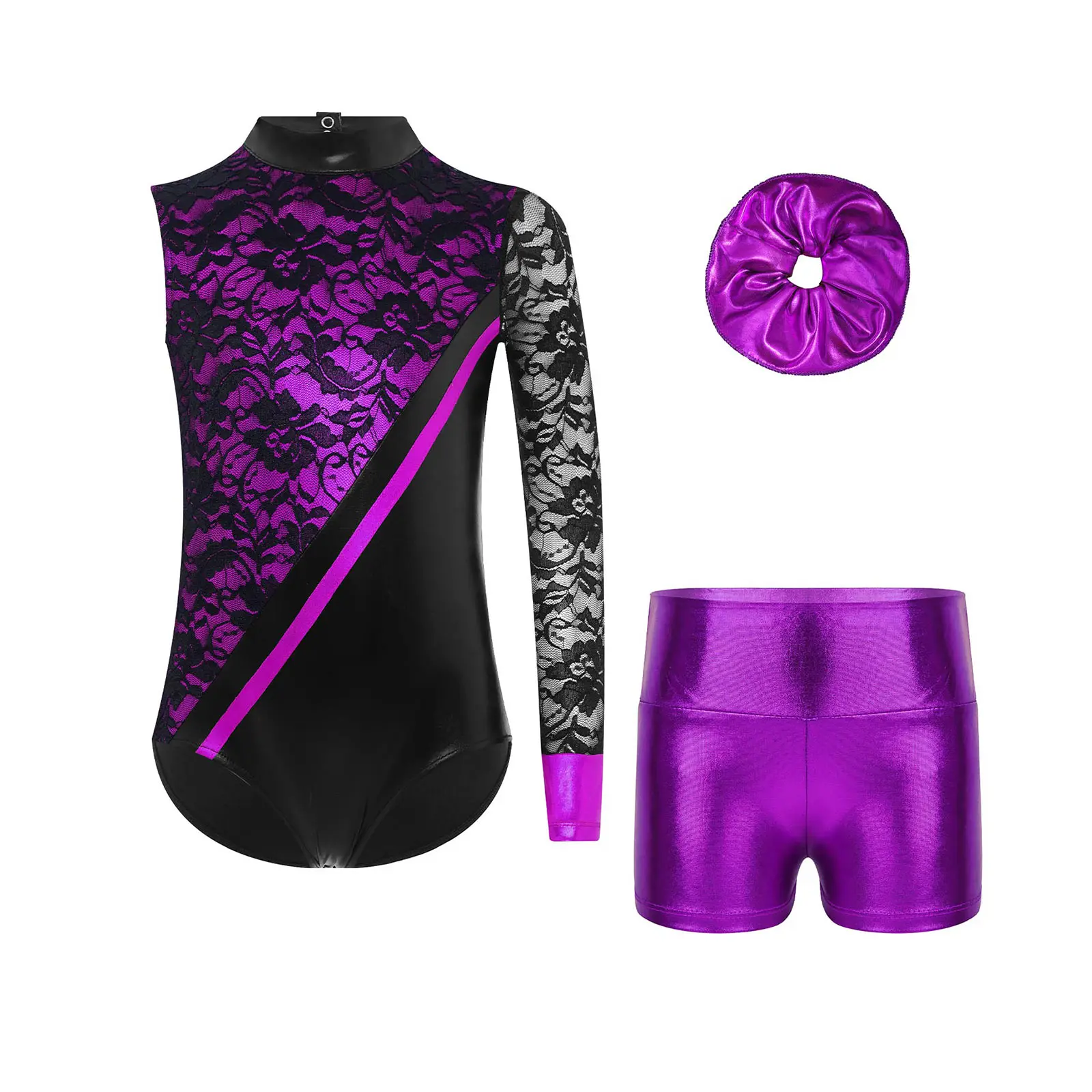 

Kids Girls Elegant Ballet Dancewear Set Metallic Color Block Leotard with Shorts And Hairband for Gymnastics Shows And Recitals