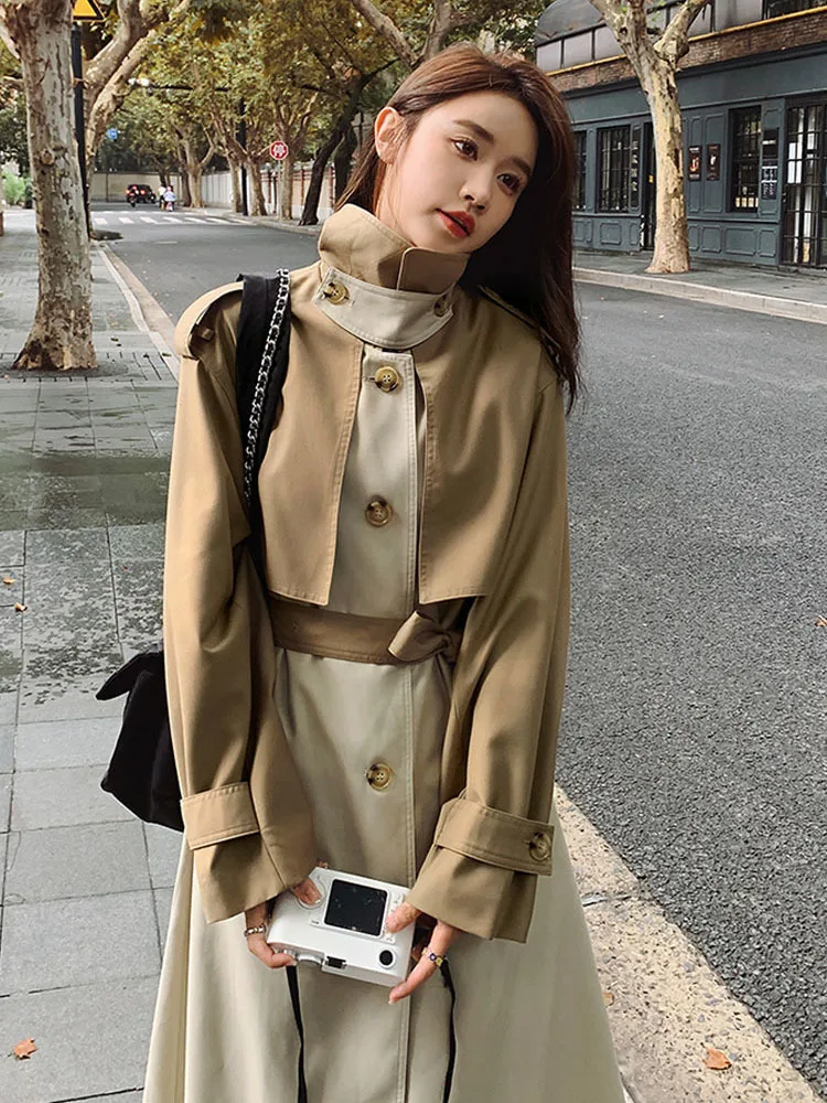 

Color Block Trench Coat Women Windbreaker Fashion Single Breasted Patchwork Windbreaker Belt Trench Coats Spring Autumn