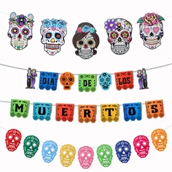 Mexican Theme Skull Pattern Carnival Queue Party Decor Skull Banner Photo Booth Props Felt Flag Garland Day of The Dead Banner