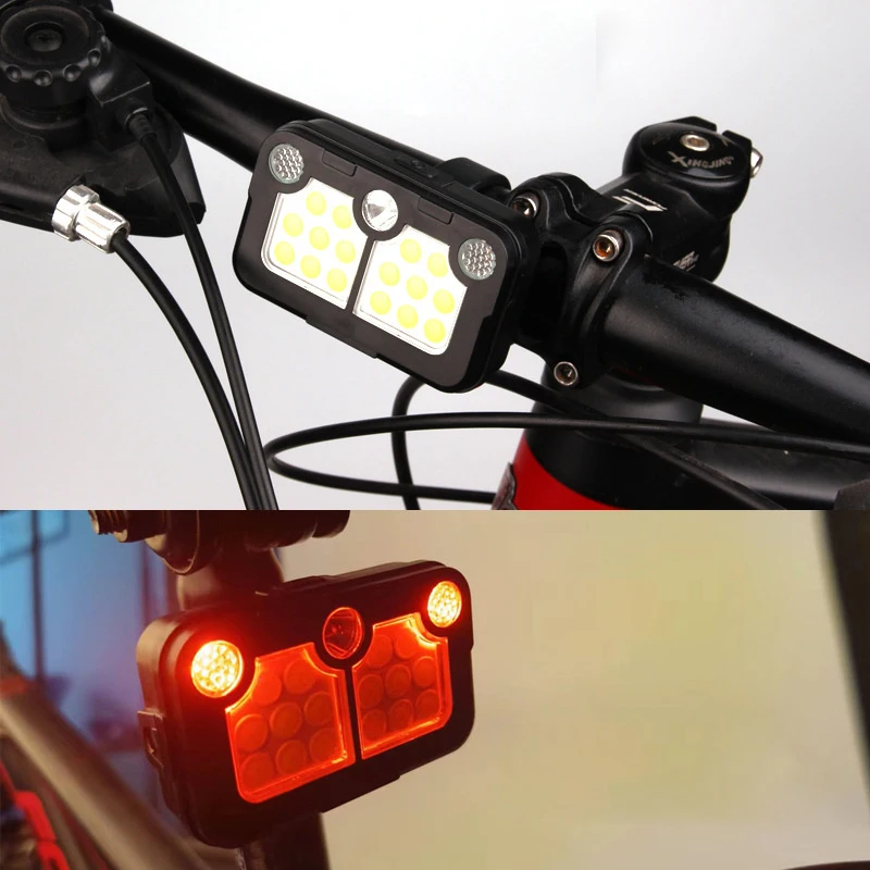 Faros delanteros multifuncionales con carga USB, linterna trasera para bicicleta, luces de advertencia intermitentes LED rojas y azules, Camping