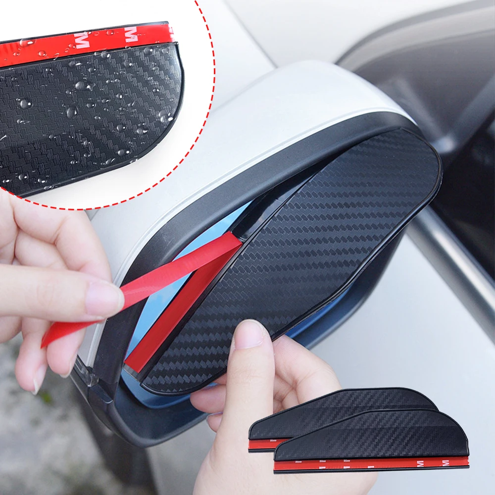 2PCS Car Rearview Mirror Rain Eyebrow Carbon Fiber Sun Visor Shade Cover for Rearview Mirror Protector Clear Vision Safe Driving