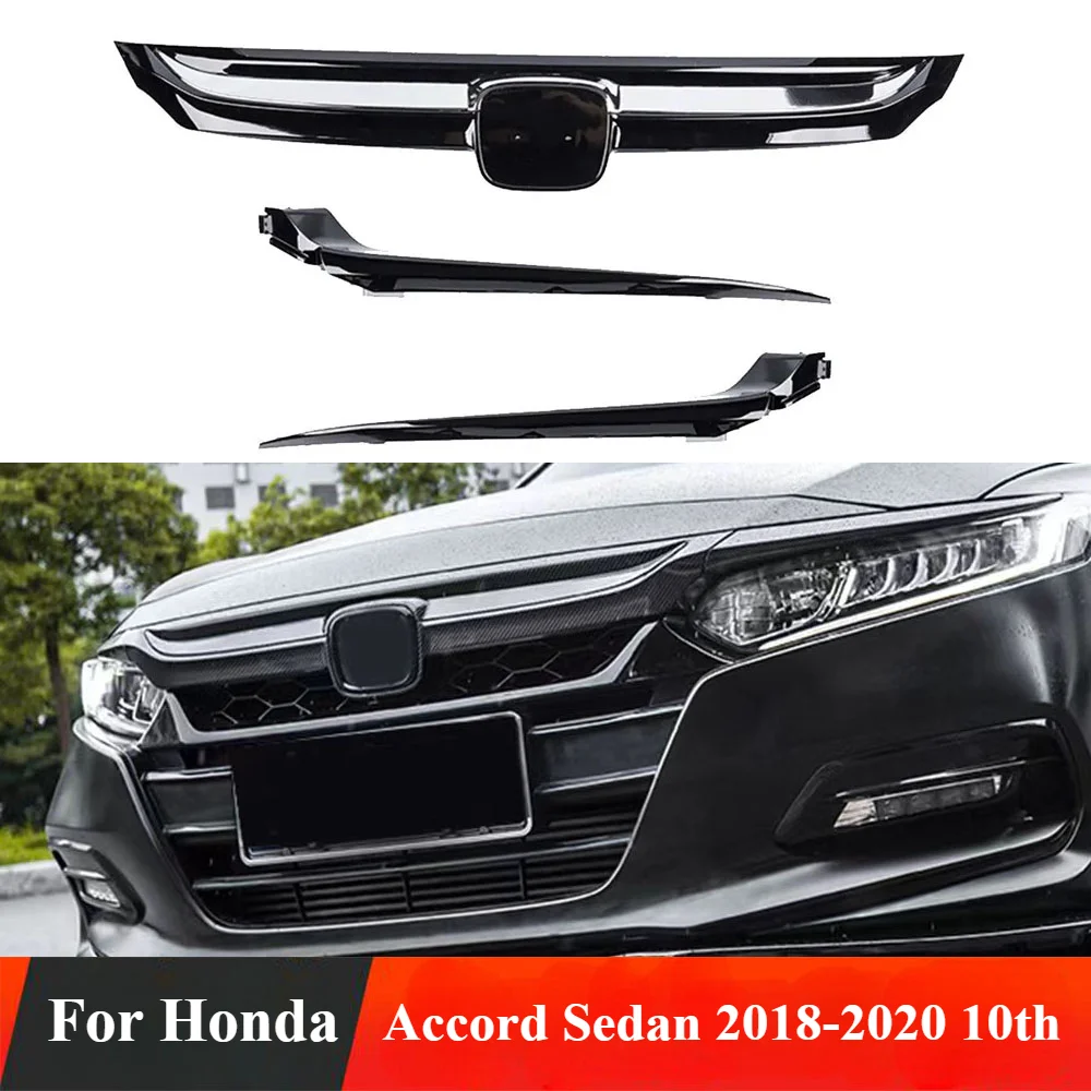 Front Grille Bumper Gril Replacement Chrome Silver Glossy Black For Honda Accord Sedan 2018-2020 10th Gen Sport Style