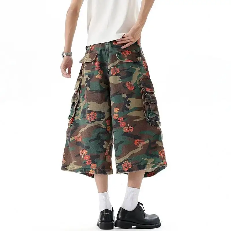 LUZHEN 2026 New Camouflage Printed Floral Multi Pockets Design Loose Straight Cropped Trousers Men's Stylish Cargo Pants JY7845
