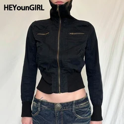 HEYounGIRL  Fashion Retro Zipper Jacket Women Black Slim Fit Long Sleeve Coat Autumn Winter Outfits Harajuku Rock Streetwear