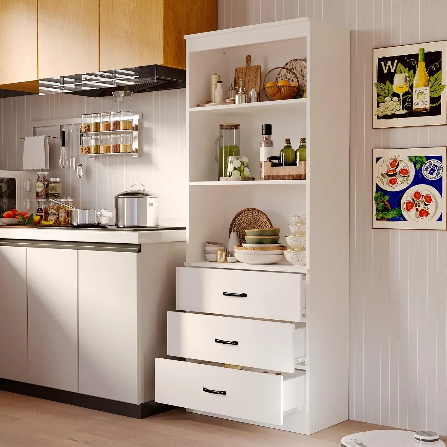 Estante alta de 70 camadas com 3 gavetas e prateleiras abertas de 3 camadas para sala de estar, quarto ou escritório, armário de armazenamento de madeira branca wi