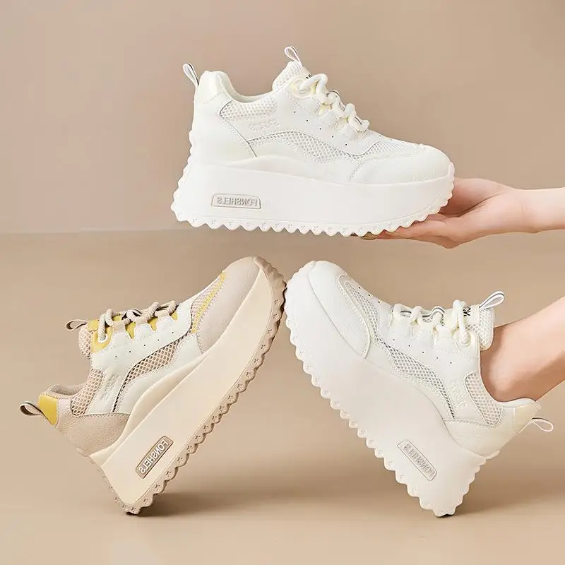 

Leather Dequn Shoes Sporty Casual Thick Bottom High Top Dad Shoes Korean Style round Toe Flat Heel Fashionable Everyday Wear