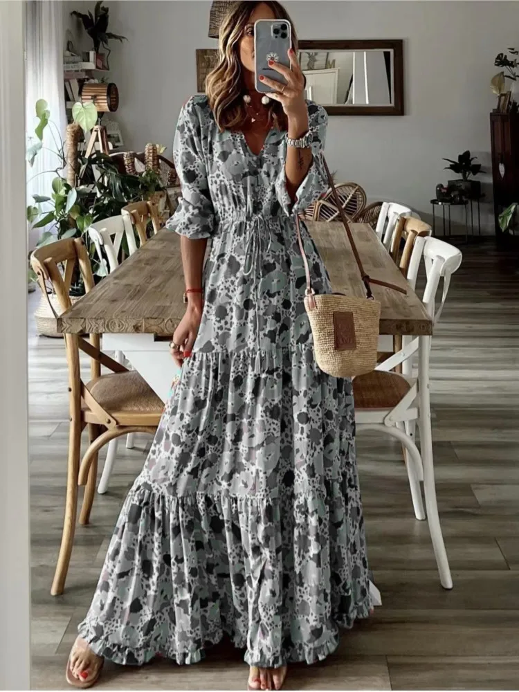 Summer New Women's Clothing Temperament Vacation Sexy V-neck Lace Up Waist Fashion Print Large Swing Long Floor Length Dress