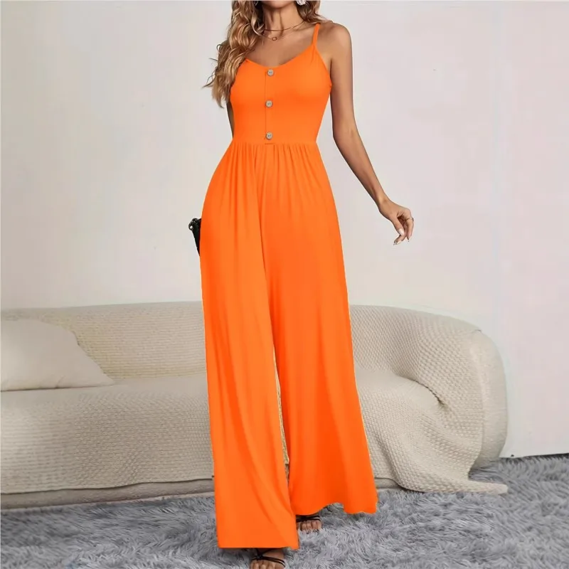 

Simple Style Basic Women's Jumpsuit Sexy Suspender Buttons Splicing Design High Waist Wide Leg Pants Ladies Fashion Jumpsuits