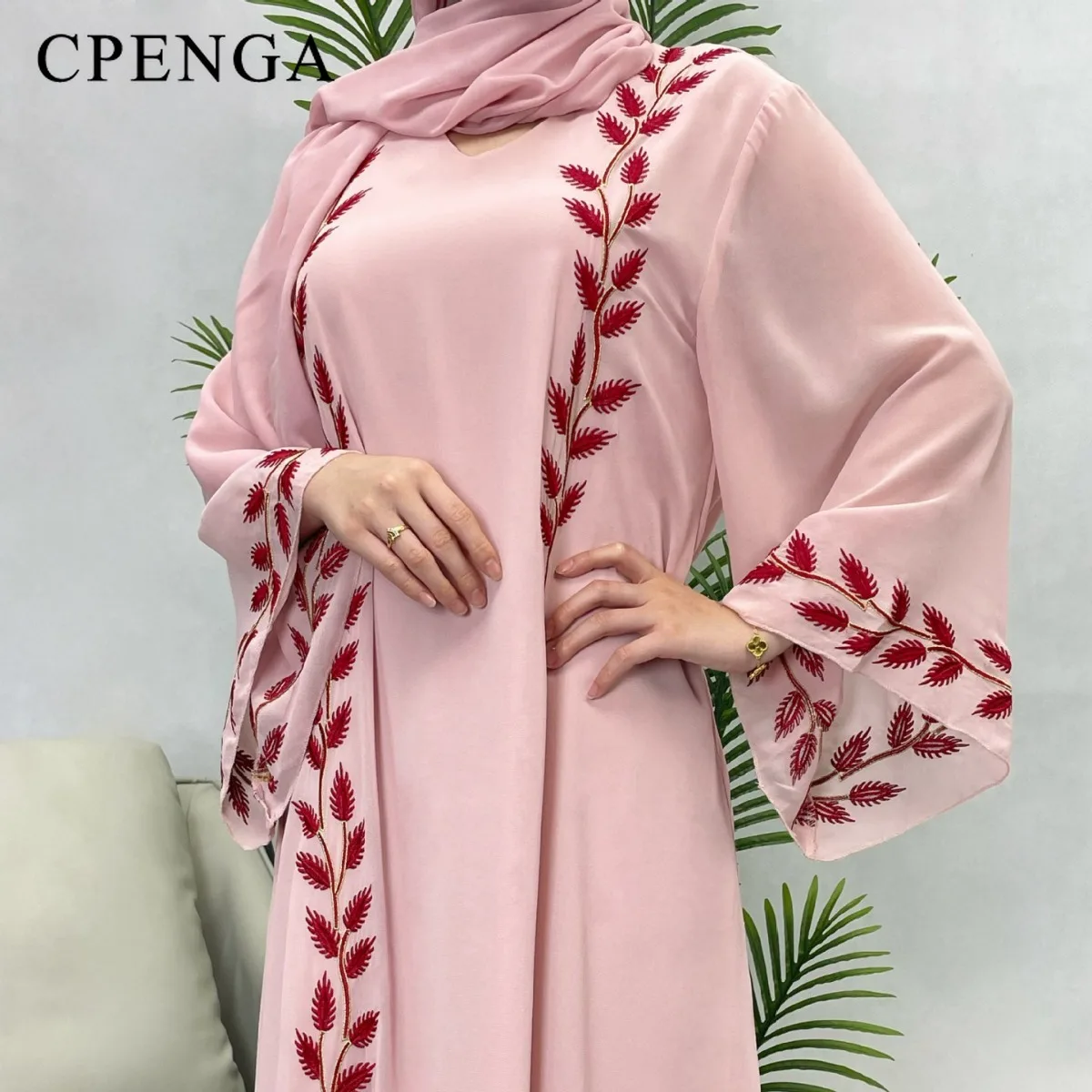 Two-piece Arabic Chiffon Clothes Set for Muslim Women Elegant Dubai Modest Abaya Dress with Hijab Islamic Party Jalabiya Outfit
