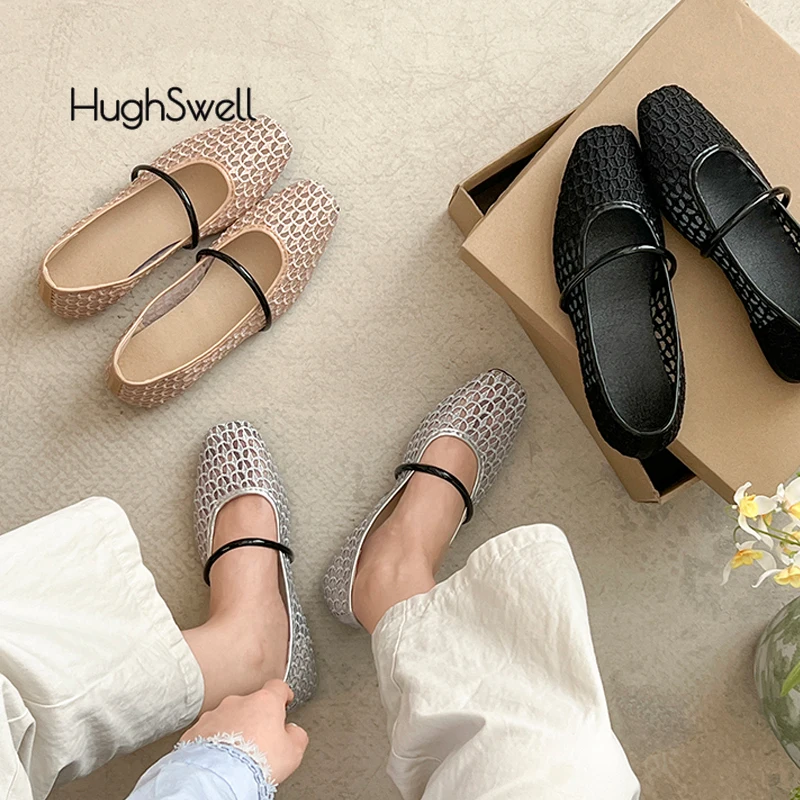 Luxury Lace Crochet Ballet Flats Woman Breathable Elastic Band Square Toe Net Ballerina Shoes Ladies Soft Cut-out Mary Janes