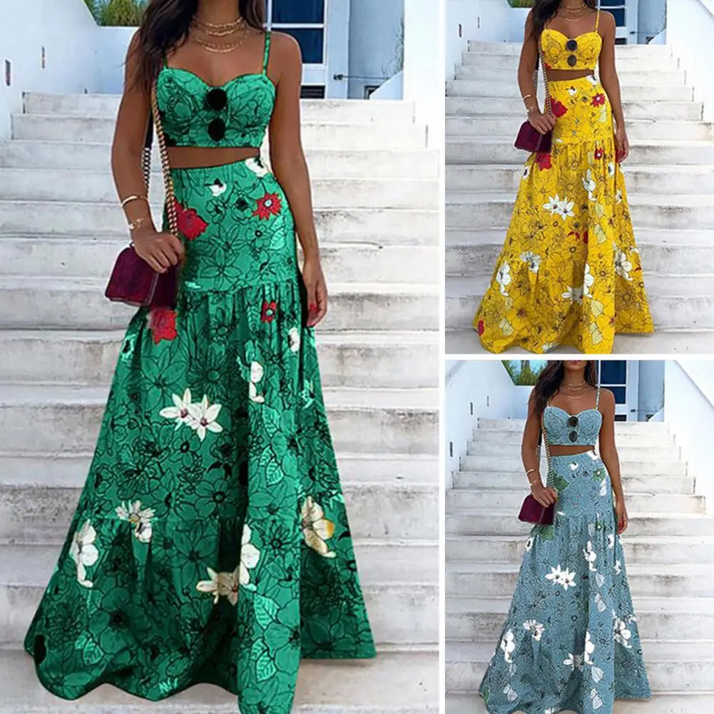 

2 Pcs/Set Beach Crop Top Skirt Set Colorful Print Rich Colors Spaghetti Strap Floor Length Sleeveless Lady Tank Top Skirt Suit