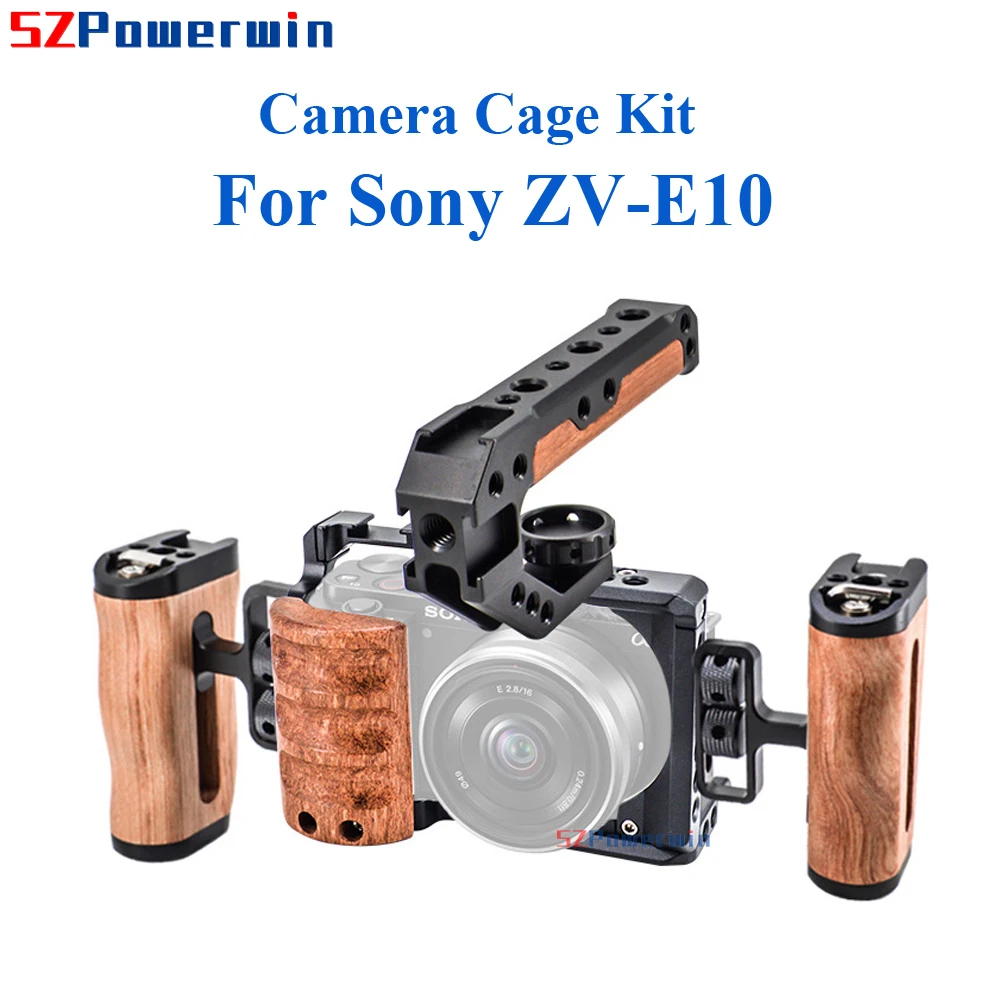 Powerwin For Sony ZV-E10 Camera Cage with wooden Handle Kit Frame Gimbal Aluminum Alloy Arri Locating Screw Protective Rig