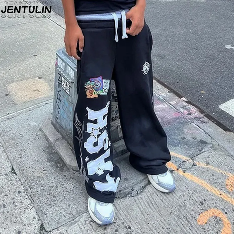 Sweatpants الأمريكية Y2K السراويل الرجال القوطية الهيب هوب إلكتروني التصحيح الرجعية طبقة مزدوجة تصميم فضفاض مرونة الخصر الركض سراويل تقليدية #1