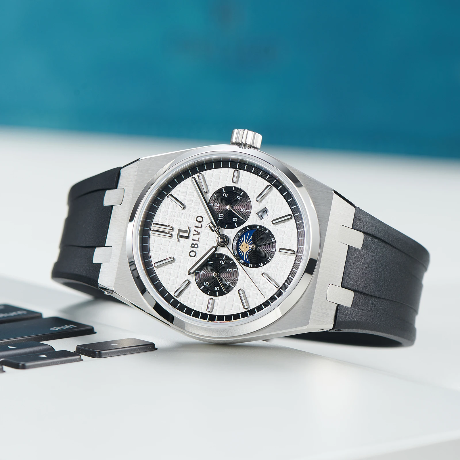 Oblvlo-男性用機械式自動時計、ローズゴールドの輪ゴム、完全なカレンダー、防水スポーツウォッチ、3目、TM-MUT、優れた