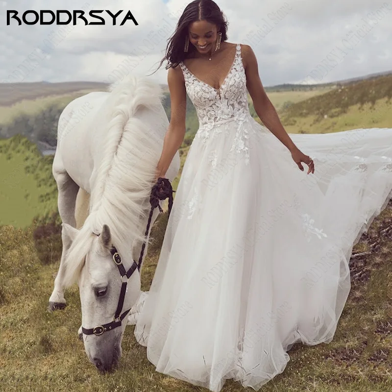 RODRSYA Romântico Backless Tulle Vestidos de Noiva Sem Mangas Lace Applique robe de maRODDRSYA Romântico Backless Tulle Vestidos De Casamento Sem Mangas Lace Applique robe de mariée A Line Boho Bridal Gowns Custom Made