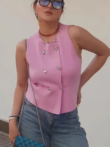 Imagen 2 del producto MUJER-Chaleco tejido sin mangas para mujer, chaleco recortado de punto rosa a la moda, chaleco de verano con doble botonadura, Top para mujer, nuevo en abrigo corto