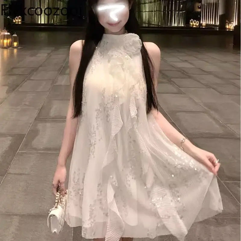 

Celebrity Luxury Appliques Sequined Hanging Neck Sleeveless Dress Women Loose A-line Spliced Chiffon Fairycore Dress 2025 Summer