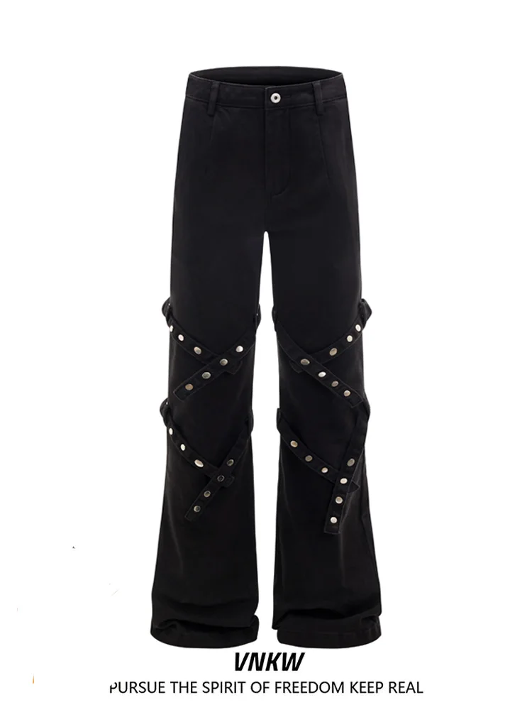 

Мужские повседневные джинсы-карго в стиле ретро American Vibe, прямые, неэластичные, из хлопка, с заклепками, в уличном стиле, с расклешенными штанинами