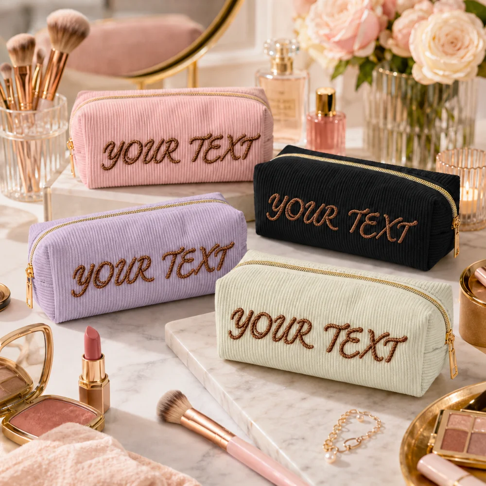 Monogram Custom Case - カスタムロープステッチ名入りコーデュロイメイクアップバッグ 名入れ刺繍モノグラムテキストジッパー付き化粧品収納ポーチ