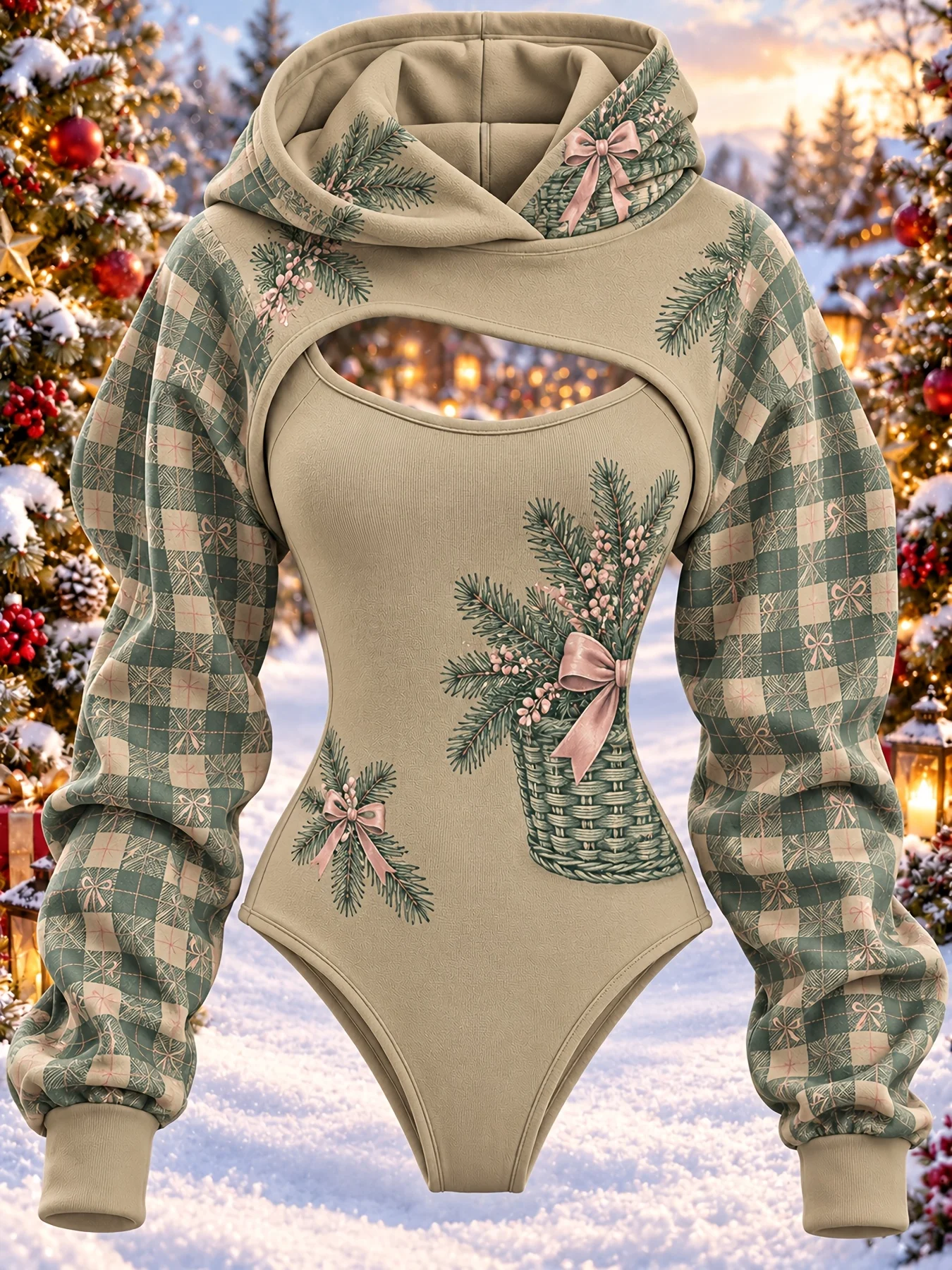 Women Autumn Winter Hooded Shrug And Bodysuit 2 Piece Set Plaid Pine Branch Bow Christmas Print Party Wear Women's Clothes